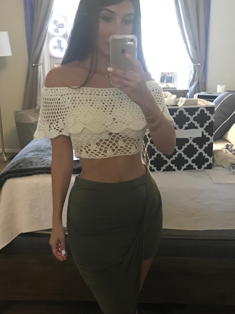 White Crochet Off the Shoulder Crop Top